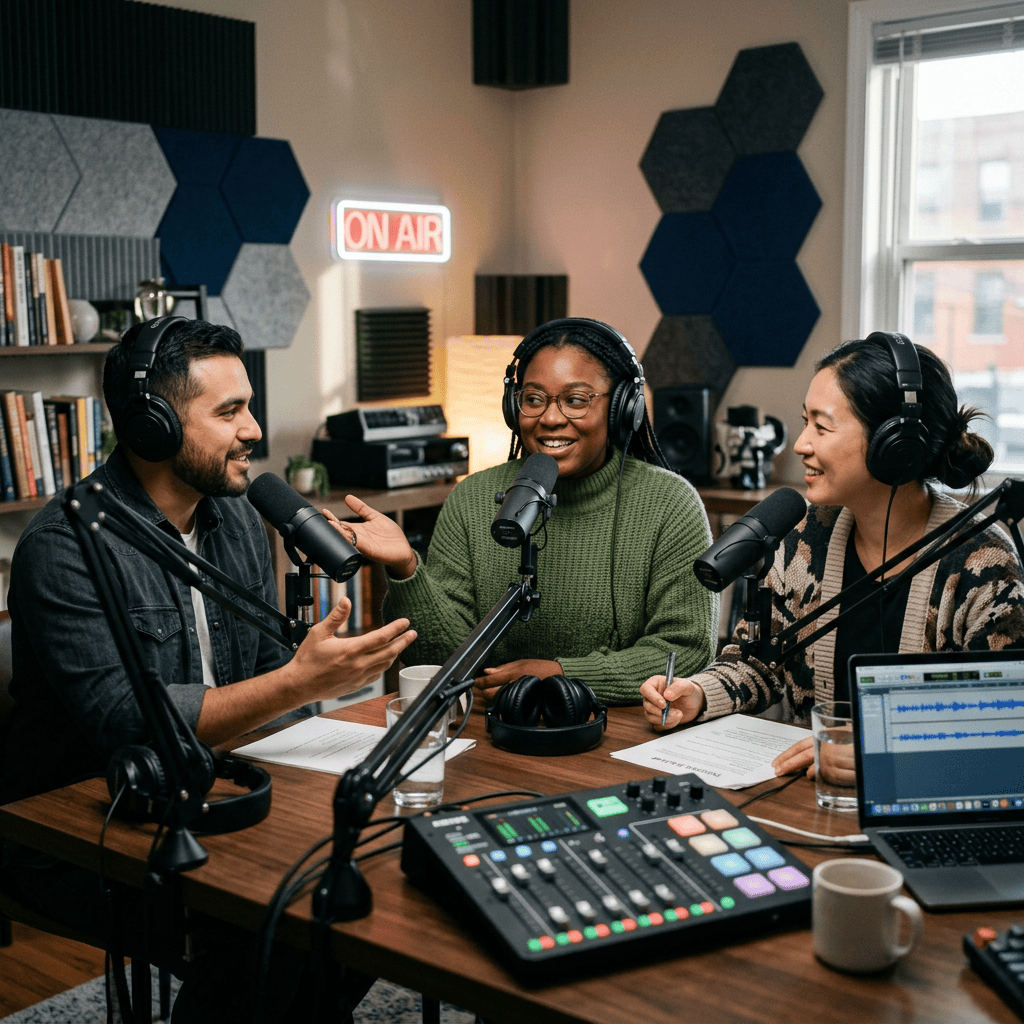 Three podcast hosts recording beside microphones and an ON AIR sign