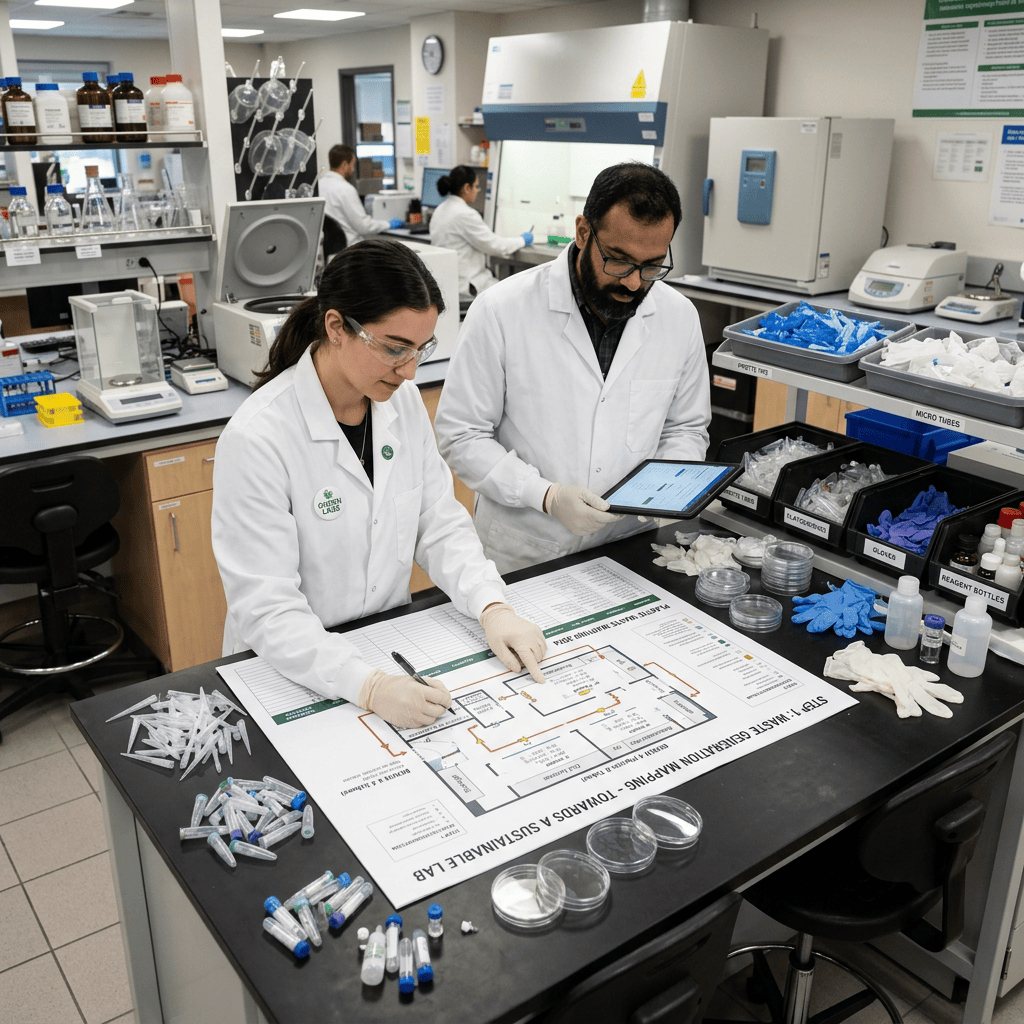 Two scientists reviewing a workflow map in a laboratory